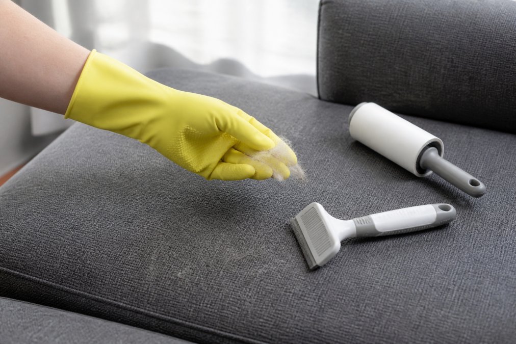 Close-up of a hand in a yellow rubber glove brushing a grey woven sofa cushion, clumps of dog hair lifting onto the glove, soft daylight from a nearby window