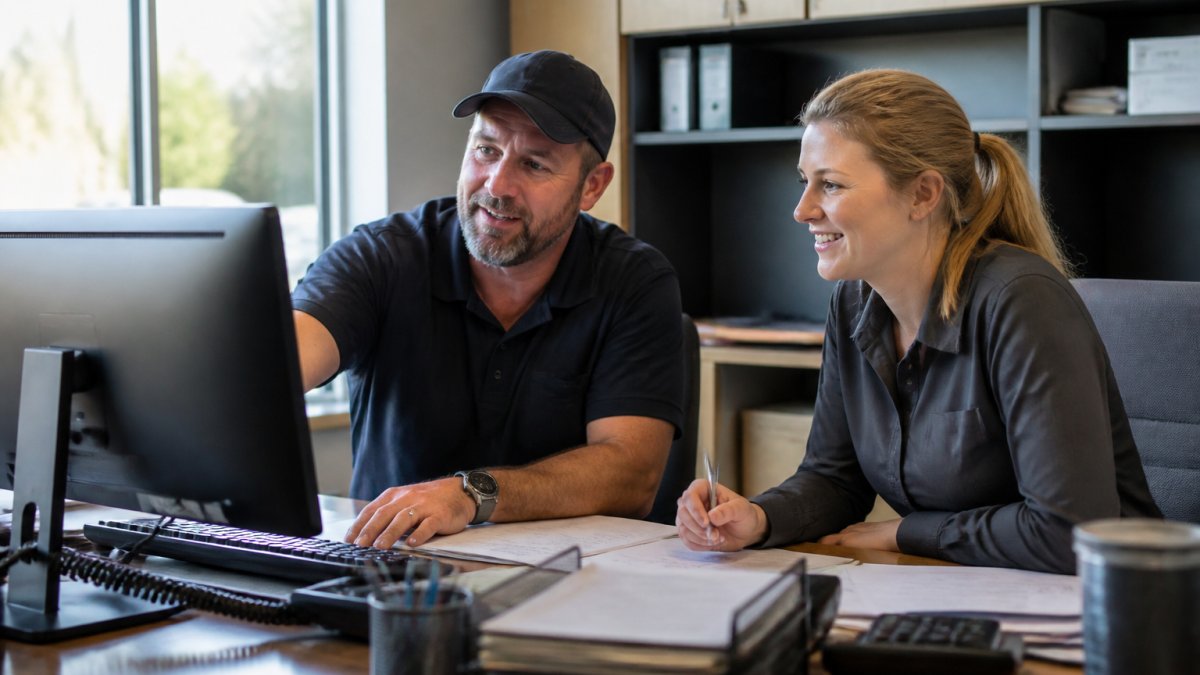 Professional roofing contractor and office staff reviewing software dashboard on desktop computer together in bright office space, both engaged and smiling