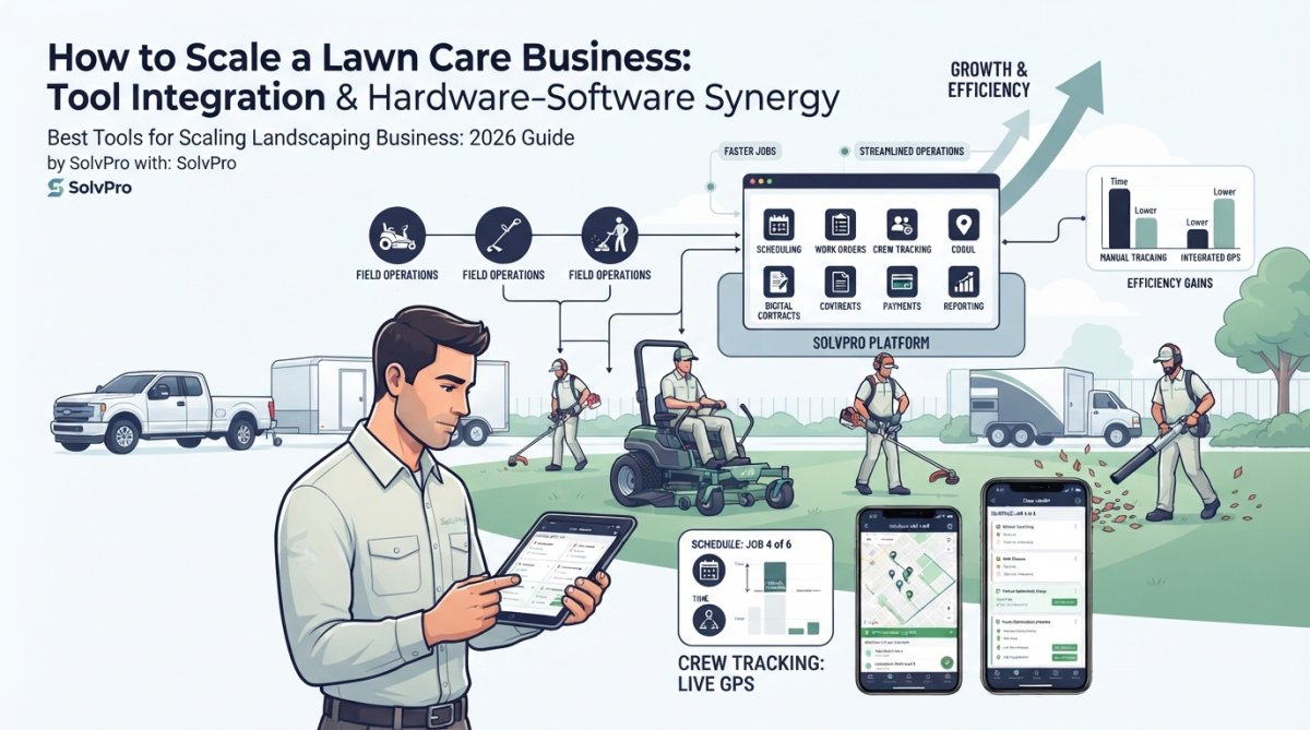 A landscaping crew leader reviewing a mobile device showing scheduling and GPS tracking while the team works with equipment in the background, natural outdoor lighting
