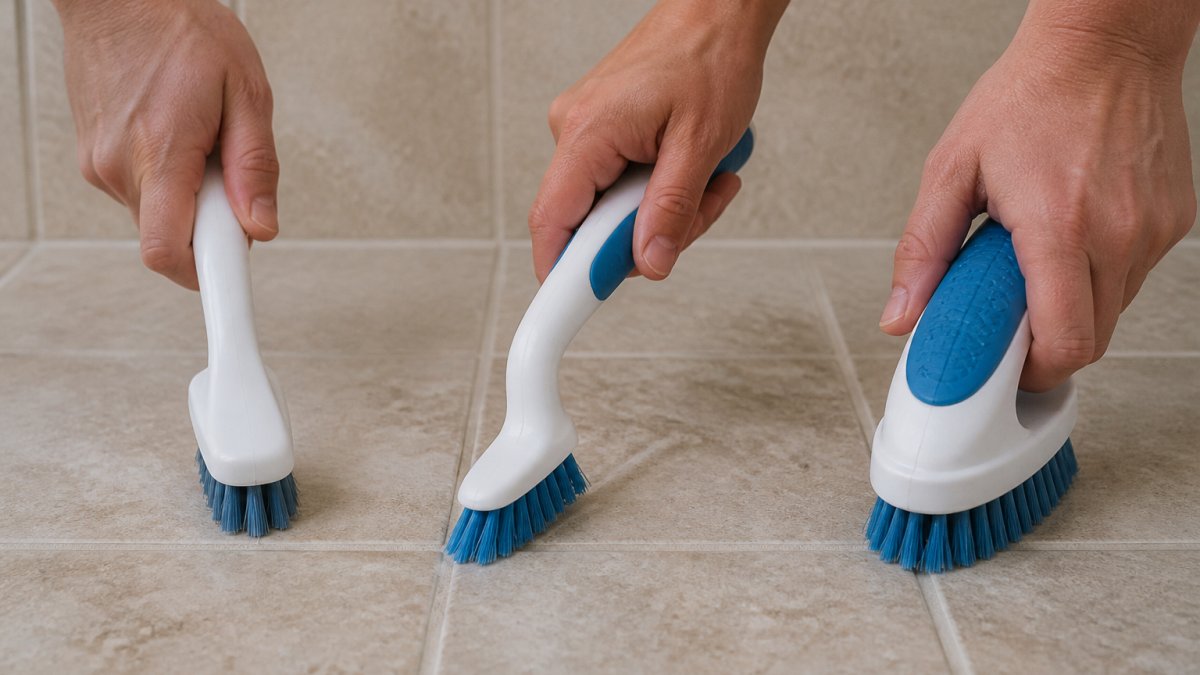Close-up comparison of three brush handle designs, standard straight handle, angled ergonomic handle, and cushioned wide-grip handle, showing grip zones and wrist angle during scrubbing motion