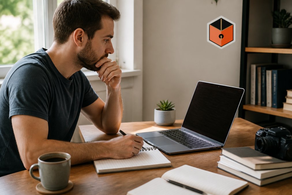 Entrepreneur reviewing digital product platform options on a laptop in a home office workspace with natural lighting