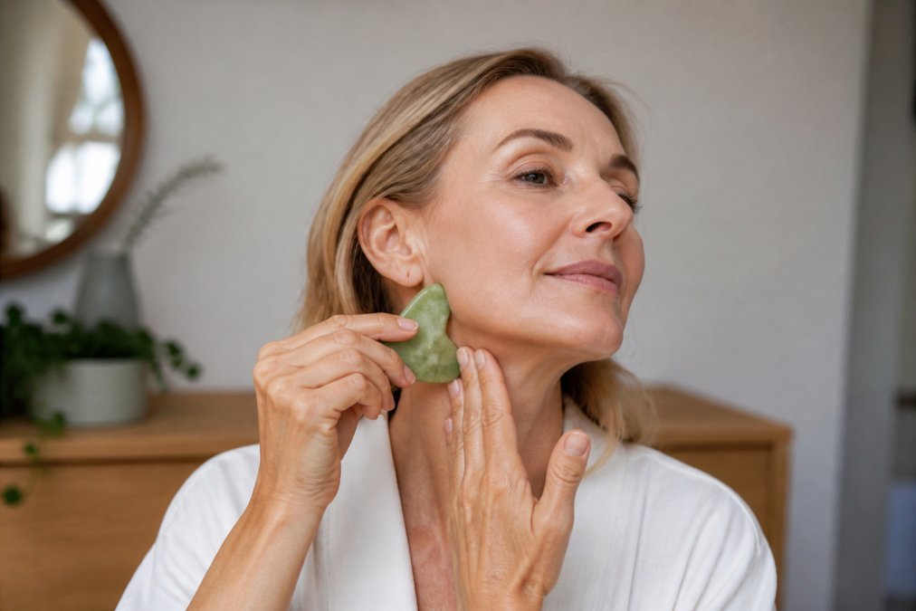 Woman in her 50s using a gua sha tool on her jawline and cheeks with gentle upward strokes, demonstrating proper technique with calm, focused expression in natural lighting