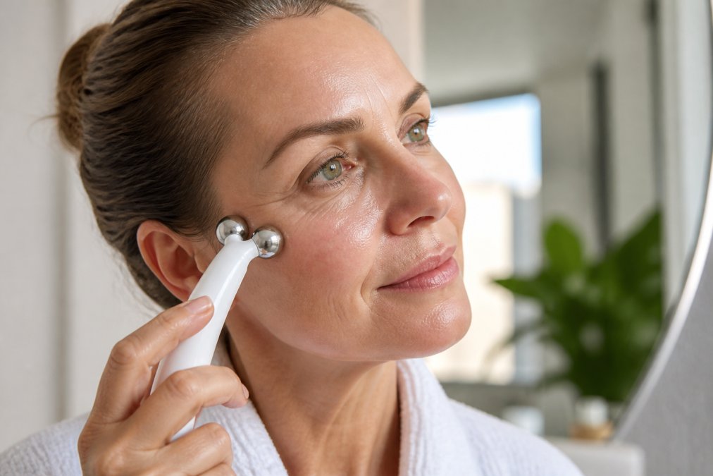 Woman applying a facial device to her cheekbones with visible skin texture improvement, bright natural lighting showing skin firmness and lift