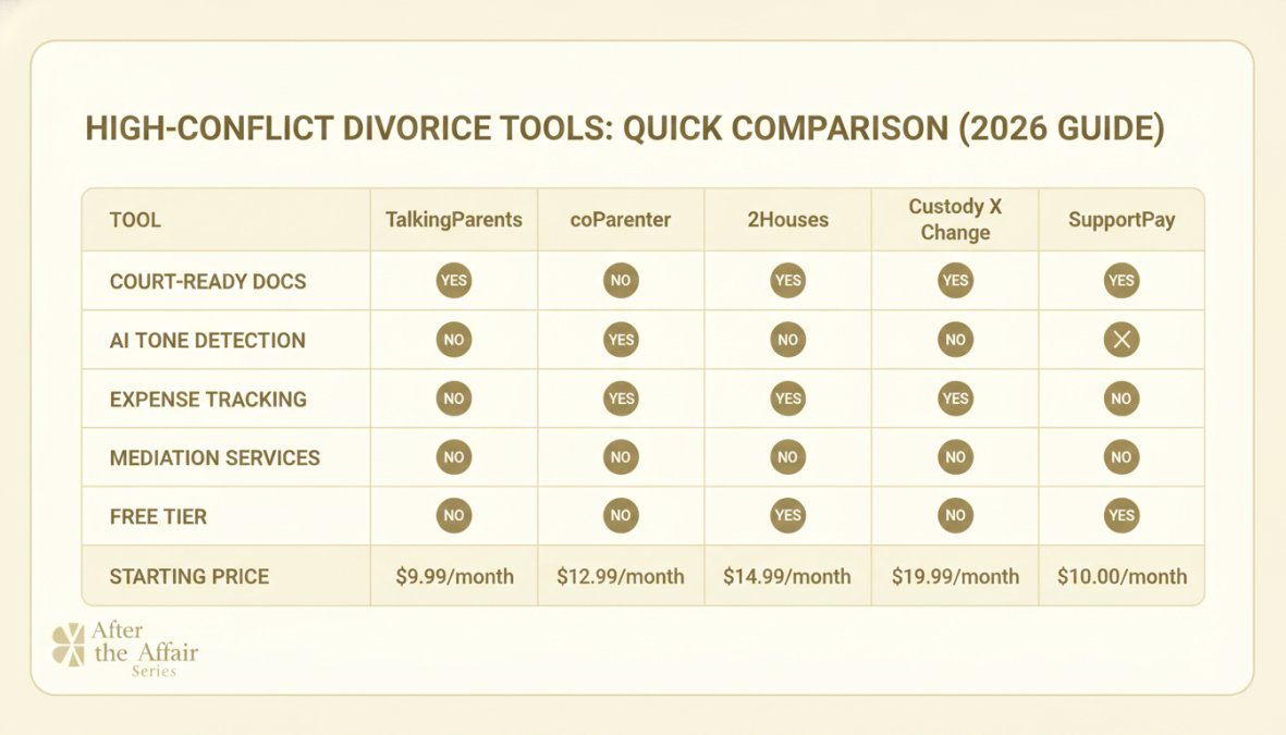 Comparison matrix of TalkingParents, coParenter, 2Houses, Custody X Change, and SupportPay across dimensions: court-ready documentation (yes/no), AI tone detection (yes/no), expense tracking (yes/no), mediation services (yes/no), free tier (yes/no), and starting price