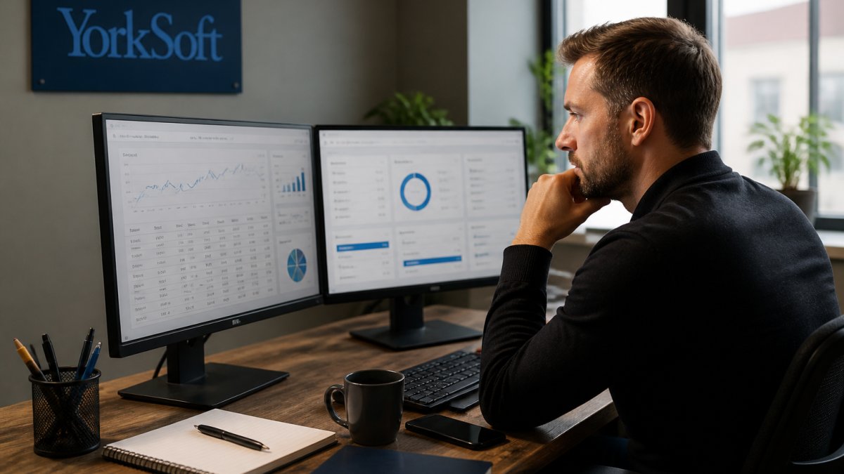 Marketing professional reviewing analytics dashboards on dual-monitor setup in modern office environment, with focused attention on screen content and engaged analytical posture
