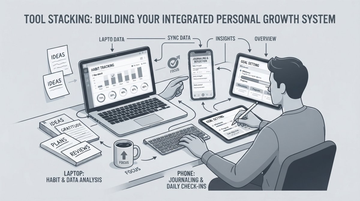 Person sitting at a desk with multiple devices (laptop, smartphone, tablet) displaying different personal growth apps and journaling tools, surrounded by handwritten notes and a coffee cup, showing active engagement with multiple tracking systems