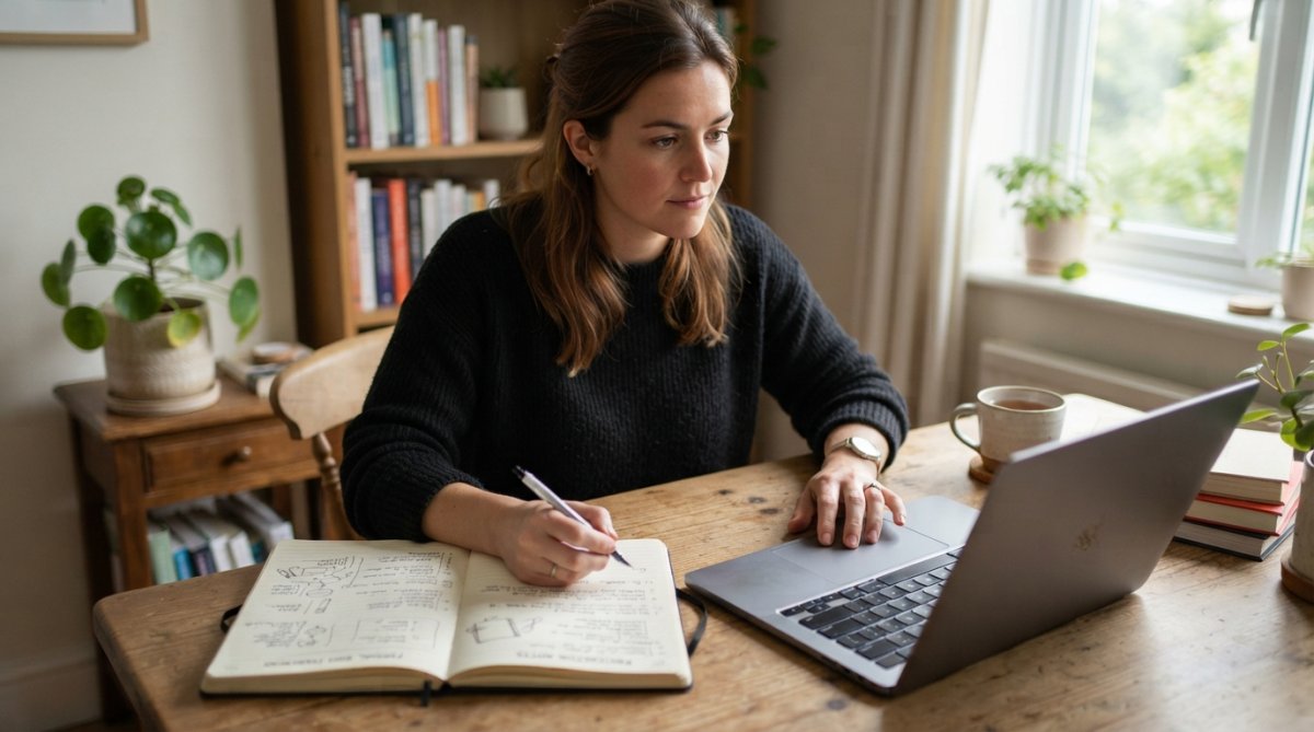 Person sitting at desk with laptop and notebook, reviewing progress notes and goal tracker app on screen, thoughtful expression while planning personal development