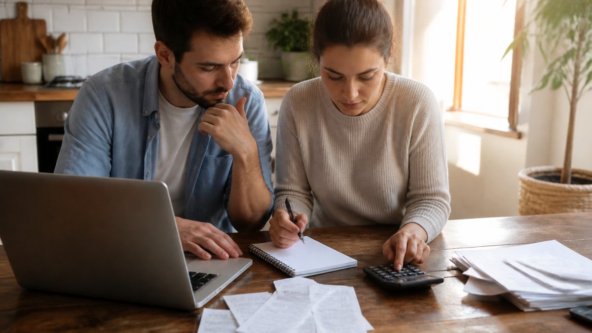 A couple sitting at a kitchen table with a laptop, notebook, and calculator, reviewing wedding budget categories together in warm afternoon light