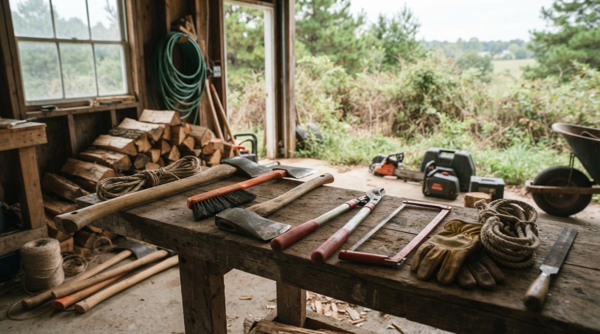 Close-up of hand tools including Fiskars loppers, pruning saw, and brush hook arranged on weathered wood with cut branches in background