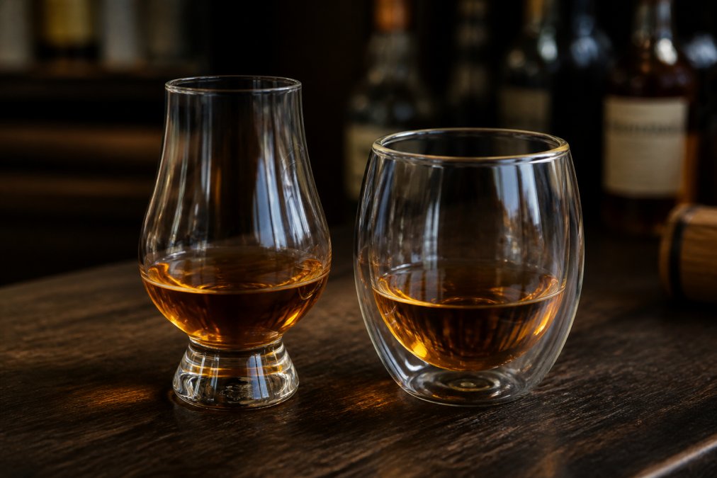 Close-up of two whiskey nosing glasses side by side on a dark wooden surface, one Glencairn-style and one double-walled modern glass, with amber whiskey poured in each and soft warm lighting highlighting the spirit's color