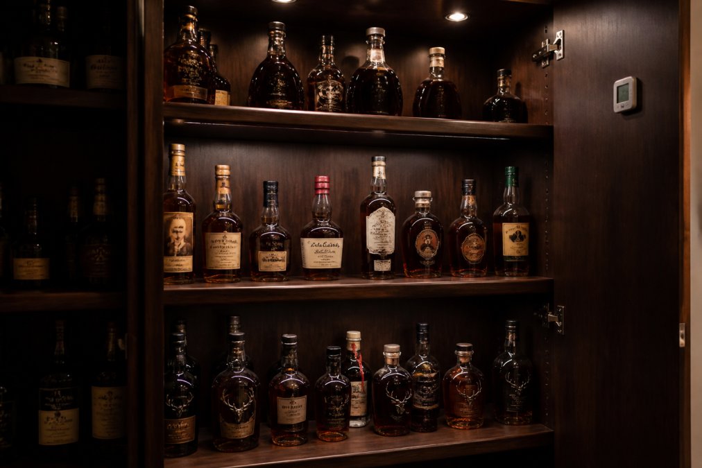 A well-organized whiskey cabinet with bottles stored upright on dark wooden shelves, labels facing forward, a small digital thermometer mounted on the interior wall, in a dim room with no direct window light