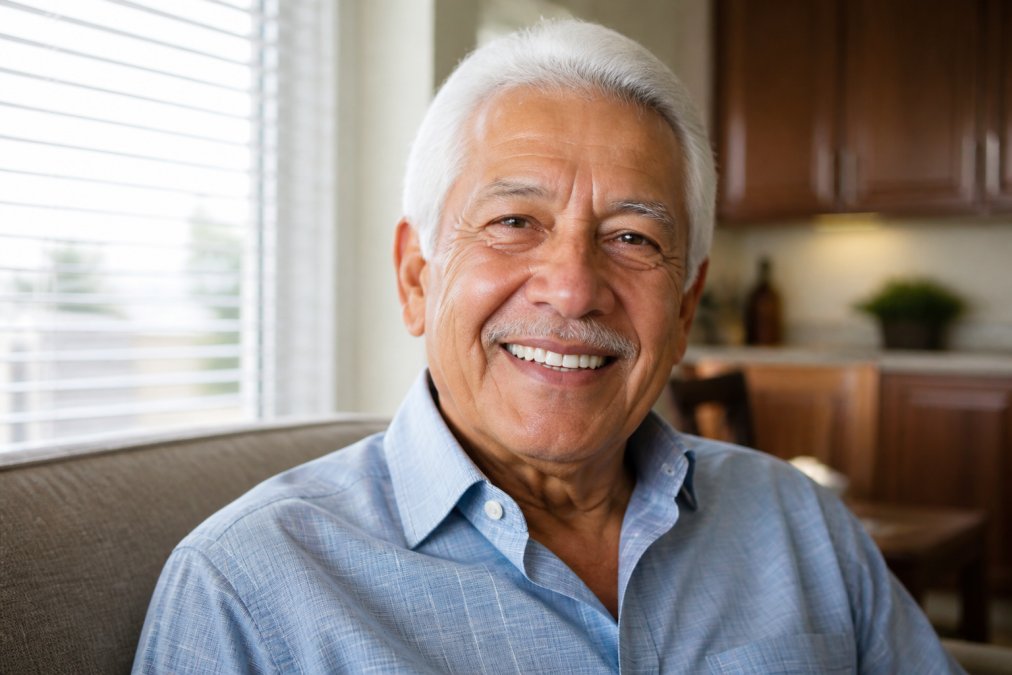 Senior adult with a confident smile showing natural-looking restored teeth in warm natural lighting, highlighting the aesthetic and emotional impact of successful tooth restoration