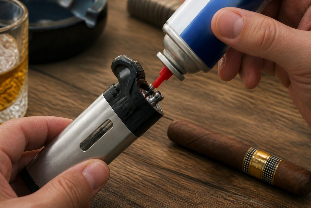 Step-by-step diagram showing the process of refilling a jet torch lighter with butane fuel
