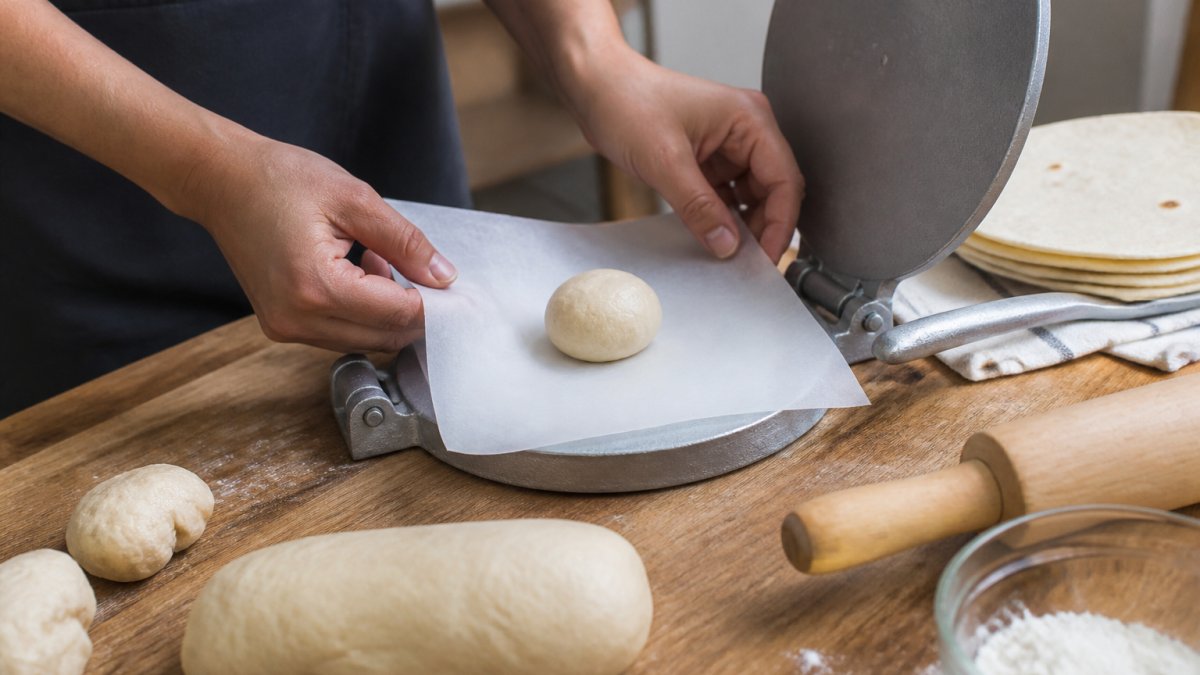 Close-up of hands placing a dough ball between two sheets of parchment paper inside an open aluminum tortilla press on a wooden kitchen counter, with a rolling pin and flour nearby