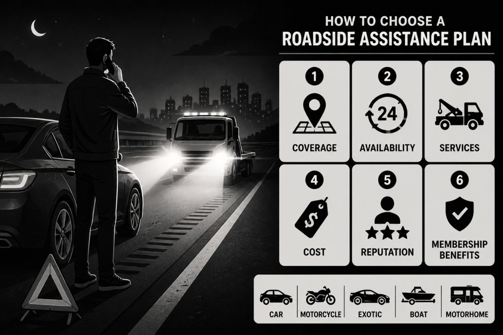 Driver on the side of a highway at night speaking on phone with headlights illuminating the scene, showing urgency and the need for roadside help