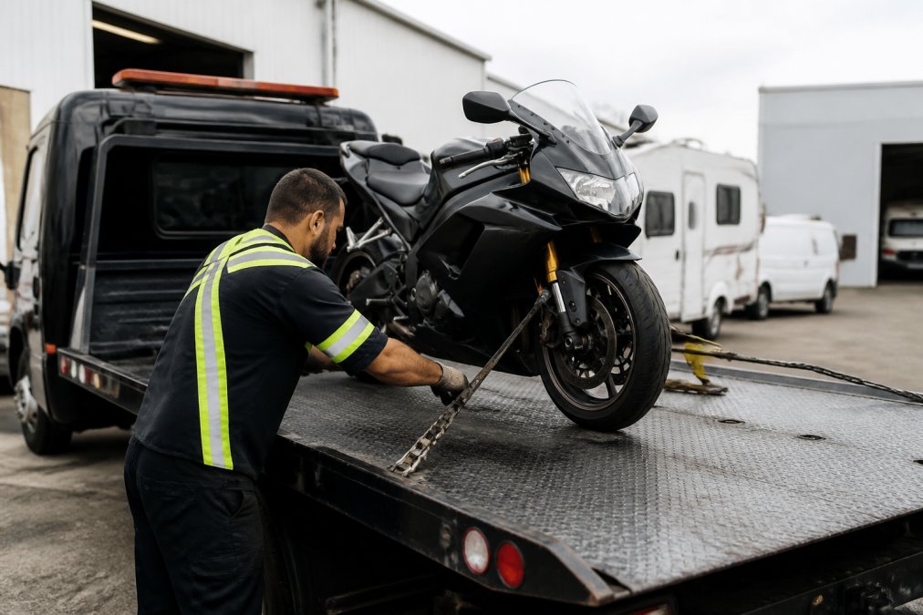Professional towing operator securing a motorcycle onto a flatbed truck with proper equipment and straps in a secure facility
