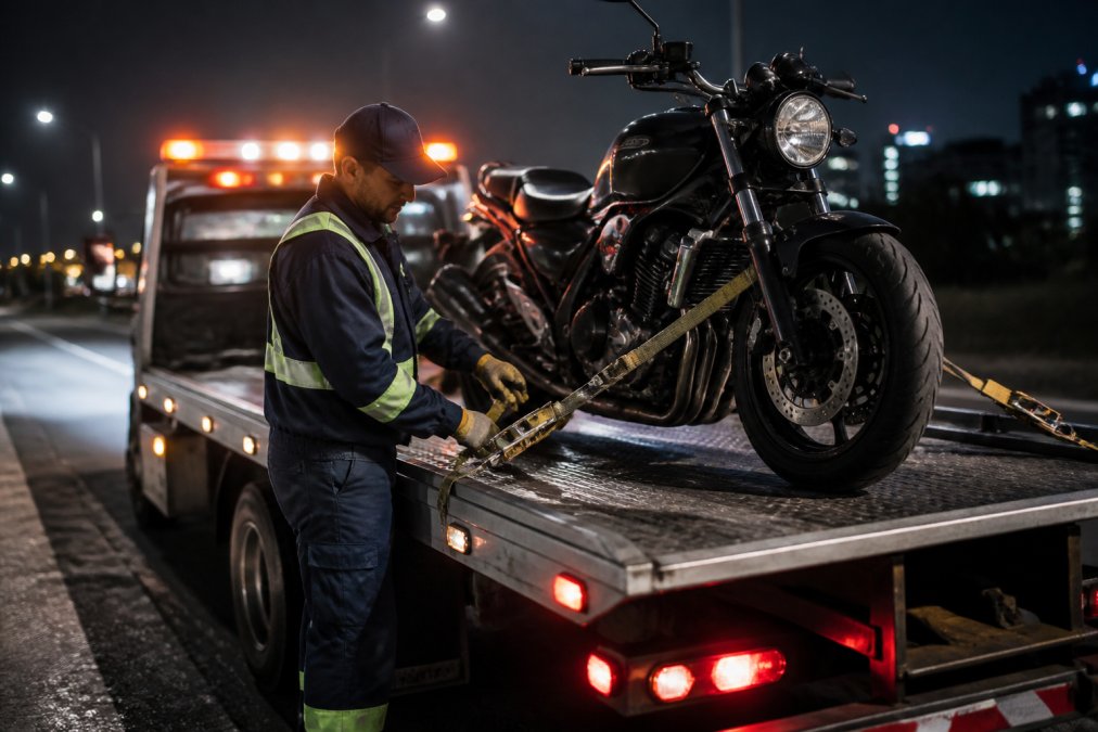 A professional tow truck operator in reflective safety gear securing straps over a motorcycle on a flatbed at night, city lights blurred in the background
