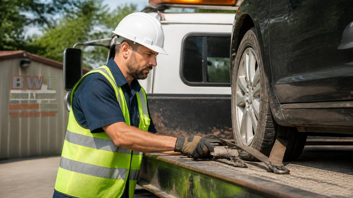 Professional tow truck operator in safety vest and hard hat carefully inspecting a vehicle during daylight, demonstrating proper equipment handling and focused attention to vehicle condition