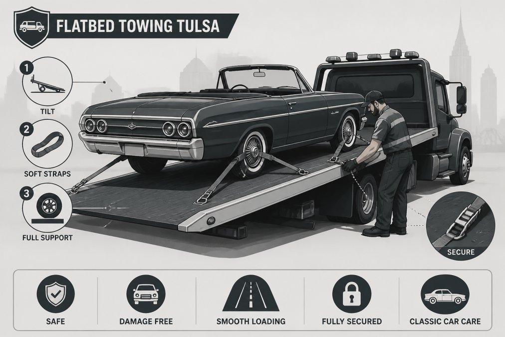 Professional demonstrating flatbed towing Tulsa technique with a classic 1960s convertible being carefully loaded onto a rollback tow truck using soft straps and professional equipment, showing the vehicle fully supported and secured