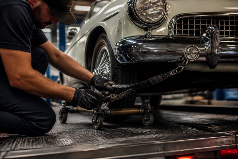 Close-up of a professional tow operator's hands adjusting soft bridle ties and carrier dollies on a vintage vehicle, demonstrating careful handling and secure attachment points in professional shop lighting