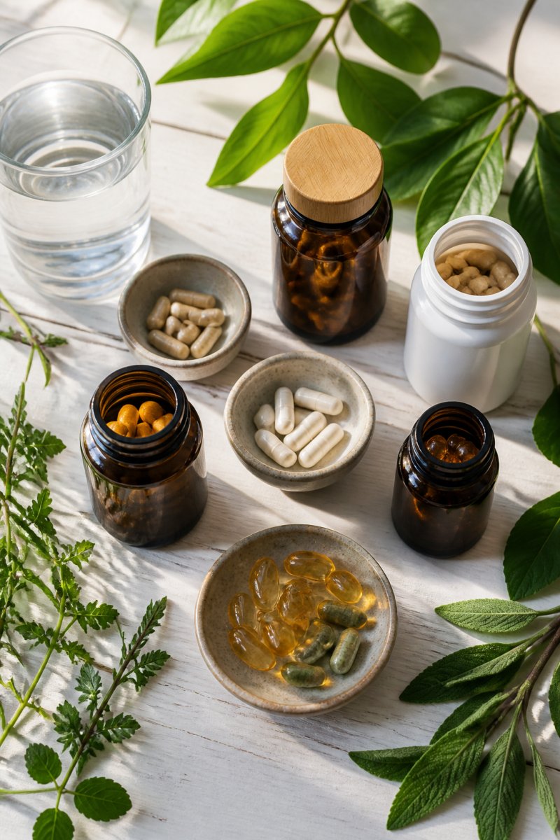 Flat lay of several natural supplement bottles and herbal capsules arranged on a clean white wooden surface with green leaves and a glass of water nearby, photographed in bright natural daylight