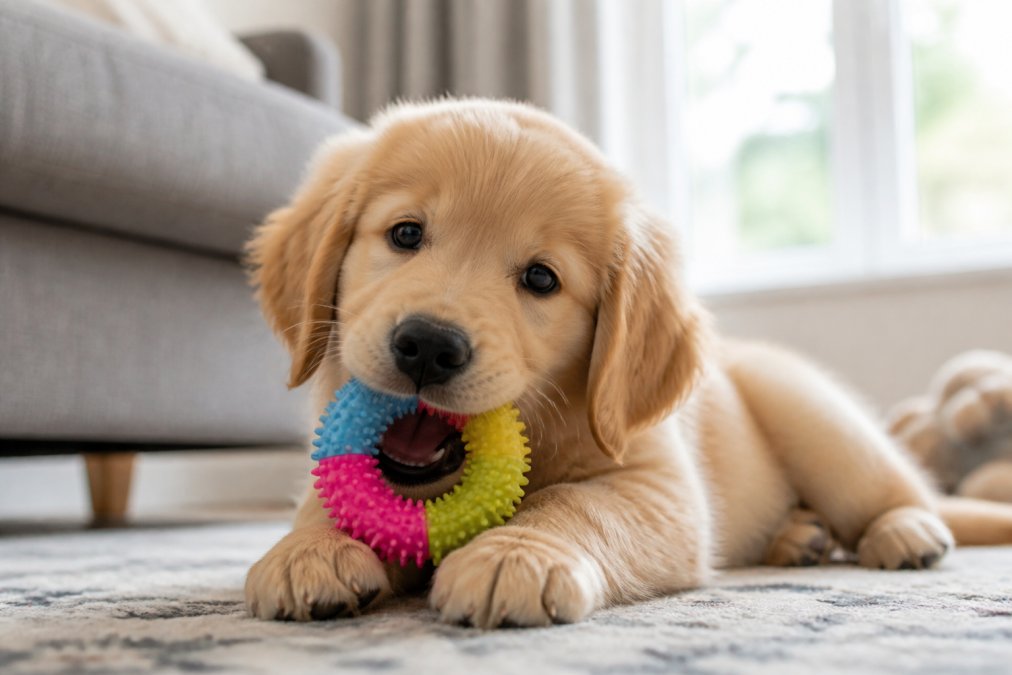 A golden retriever puppy enthusiastically chewing on a colorful rubber teething toy, with visible relief on the puppy's face and soft natural lighting from a window