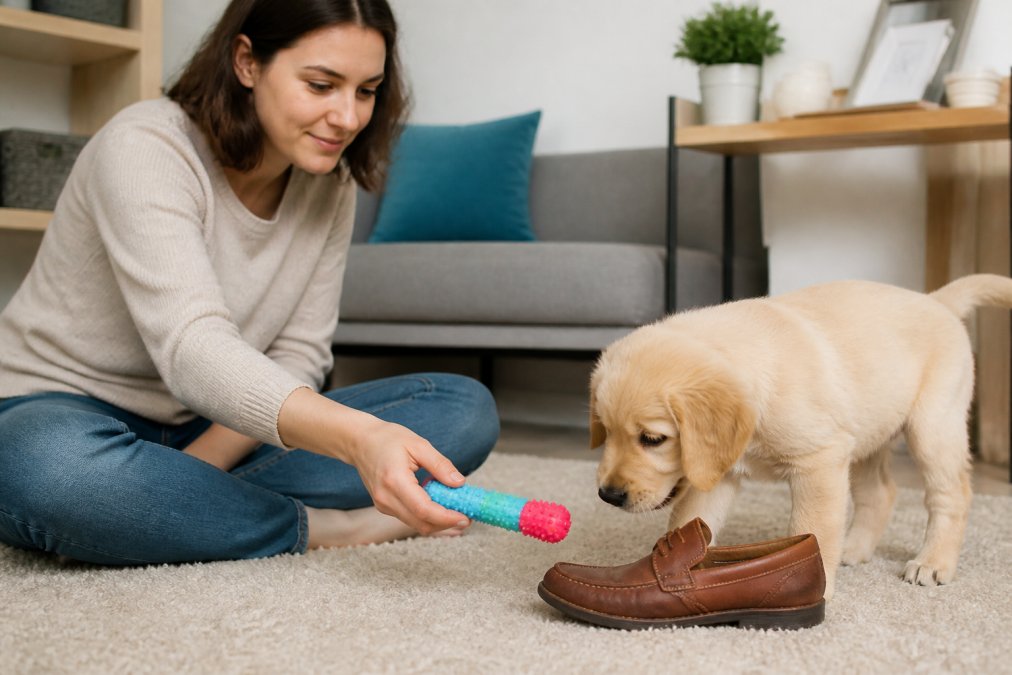 A patient puppy owner gently redirecting a curious puppy's attention from a leather shoe to a colorful rubber chew toy, demonstrating positive reinforcement with a calm facial expression in a bright living room