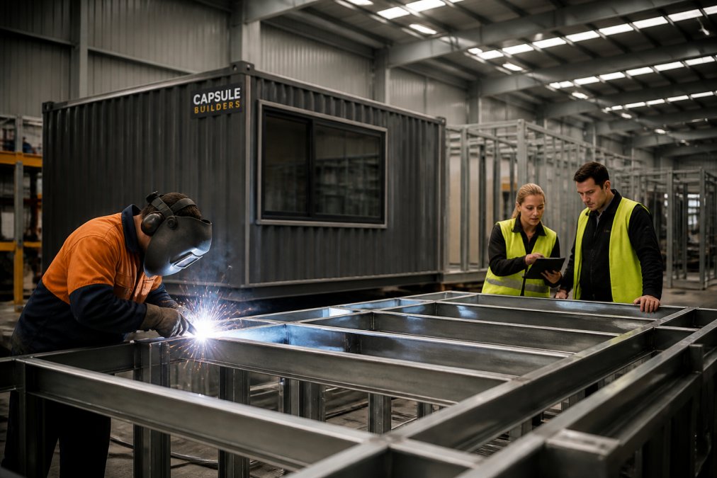 Steel-framed modular units being precision-welded and assembled in a modern manufacturing facility, with quality control inspectors reviewing structural integrity under bright factory lighting
