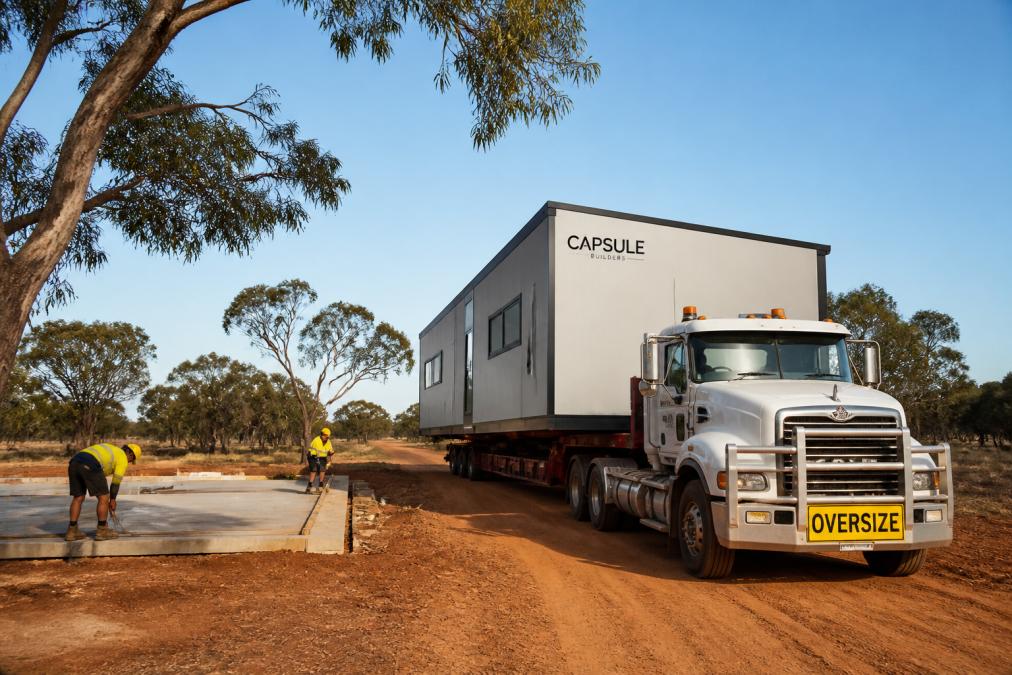 Modular home units being carefully transported on specialised truck beds down a rural Western Australian property access road, with installation crew preparing the concrete foundation pad in preparation for module placement
