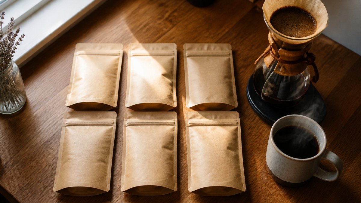 Overhead shot of six small kraft coffee sample bags arranged in two rows on a wooden kitchen counter, a glass pour over dripper and a steaming ceramic mug beside them, soft morning window light