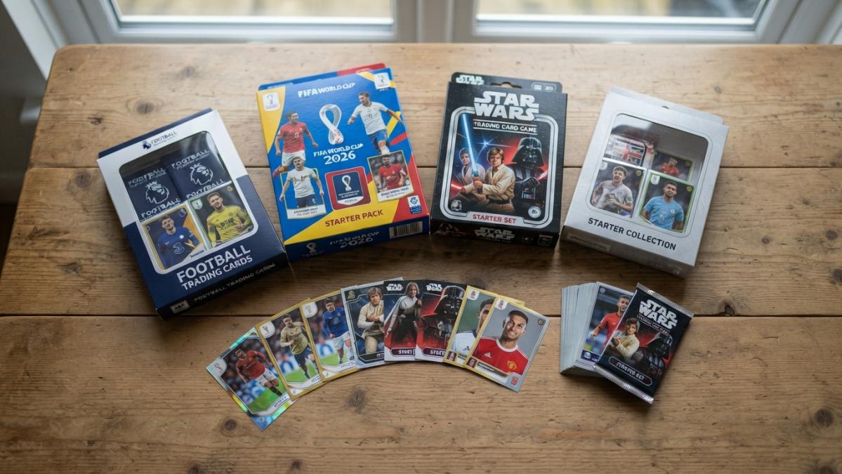 Flat lay of various trading card starter set boxes arranged on a wooden surface with cards fanned out, showing FIFA, Star Wars, and football-themed packaging