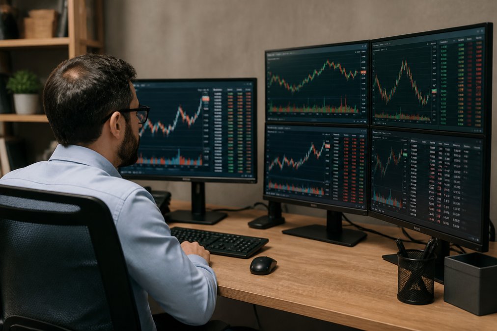 Trader monitoring multiple screens displaying real-time market data, charts, and order management dashboards in a modern trading setup