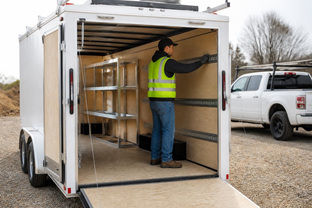 Contractor inspecting E-track and shelving in an enclosed cargo trailer, one of many trailer brands for contractors.