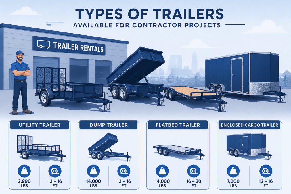 Contractor standing beside multiple parked trailers including utility, dump, and flatbed models at a rental facility on a sunny day, showing the variety of equipment available