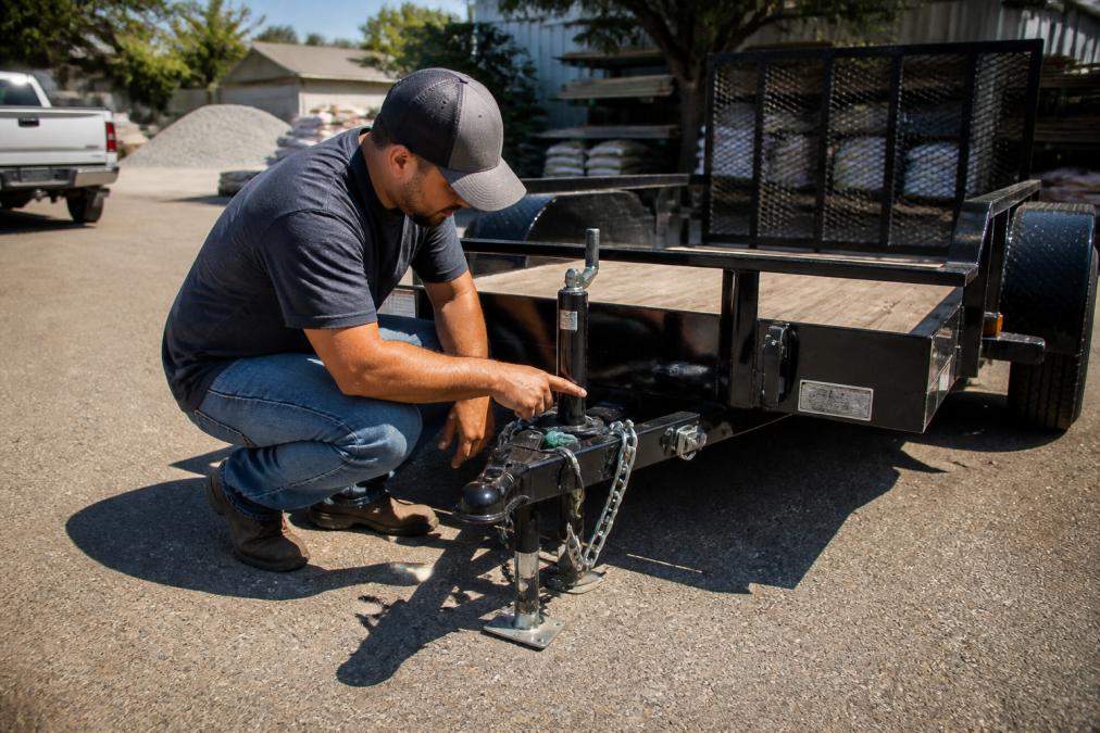 Contractor inspecting a trailer's hitch connection, tie-down points, and payload capacity label before rental, demonstrating proper equipment evaluation on a sunny day