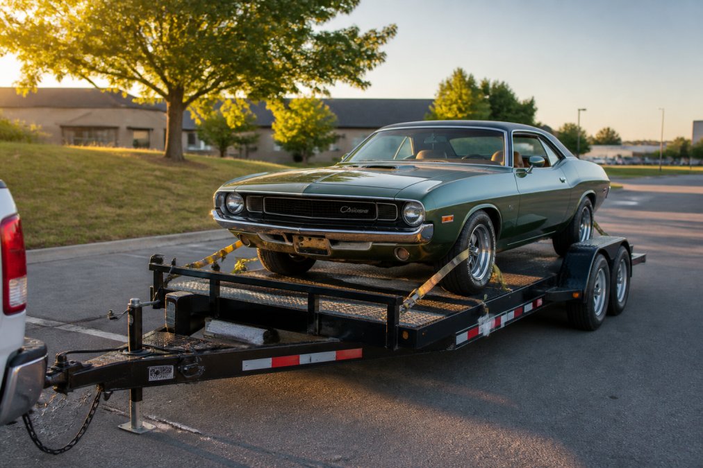 A well-maintained car hauler trailer parked on a paved lot with a classic car loaded and secured with straps, late afternoon light, suburban setting