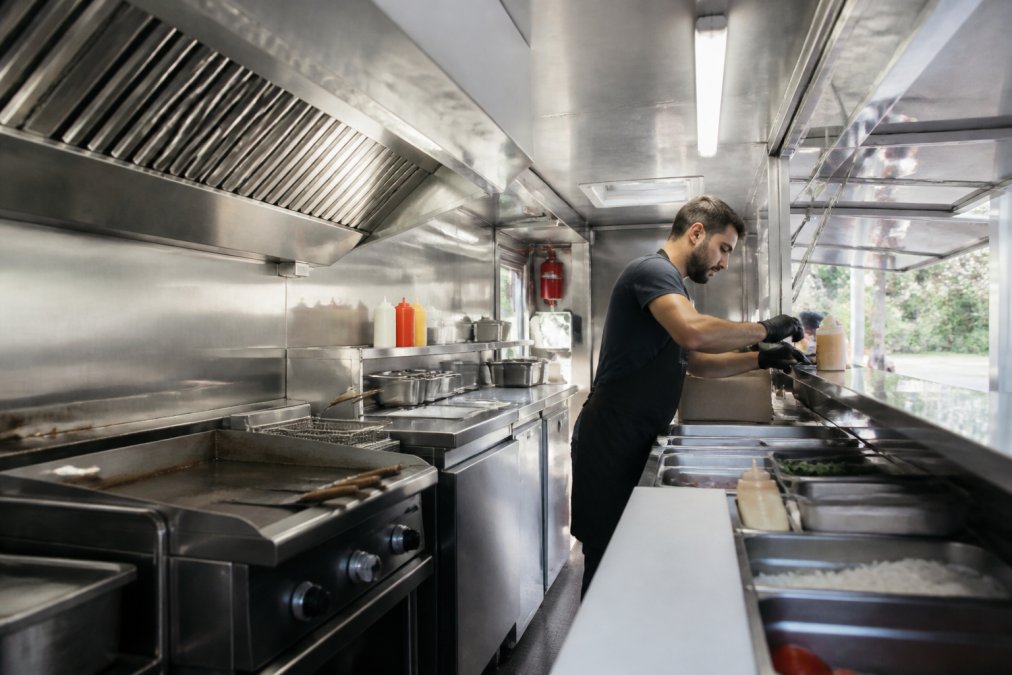 Diagram of a commercial kitchen layout for the best trailers for mobile food businesses, showing workflow zones.