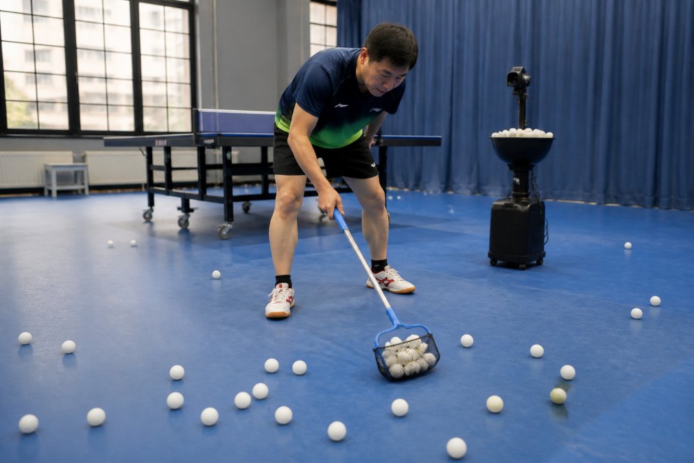 Process infographic showing a coach using a scoop to collect balls, one of the best training aids for ping pong clubs