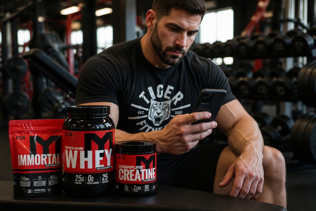 Athlete reviewing workout and supplement data on smartphone during training session at gym, checking progress metrics and supplement stack timing