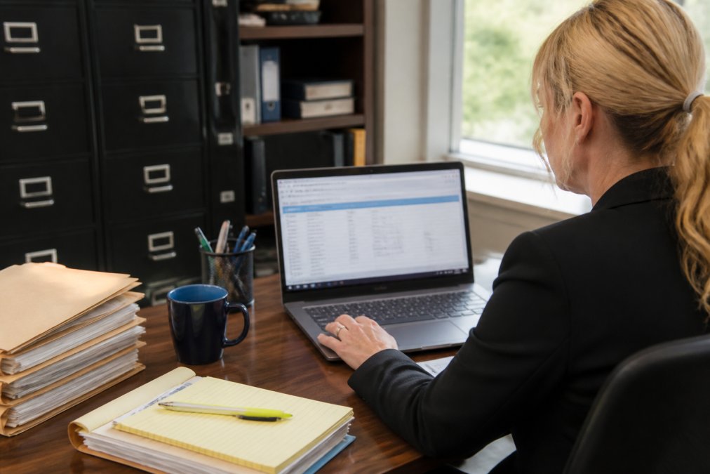 Professional paralegal at modern office desk using laptop to access title search database software with property records displayed on screen, filing cabinets visible in background