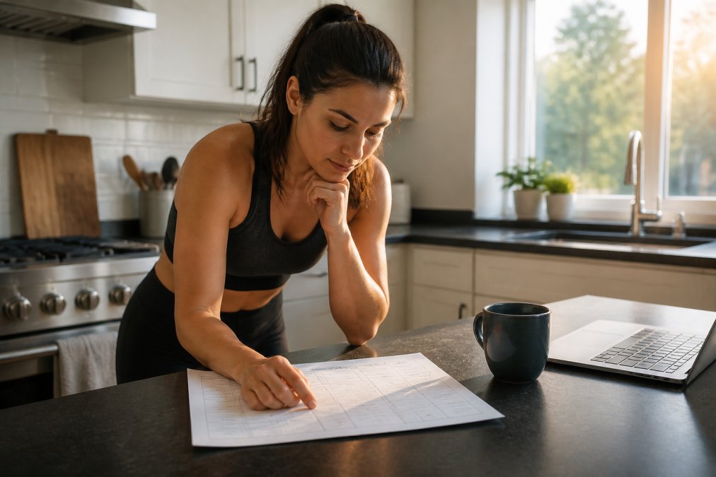Busy professional reviewing a paper training plan in a sunlit kitchen with a laptop and coffee nearby.