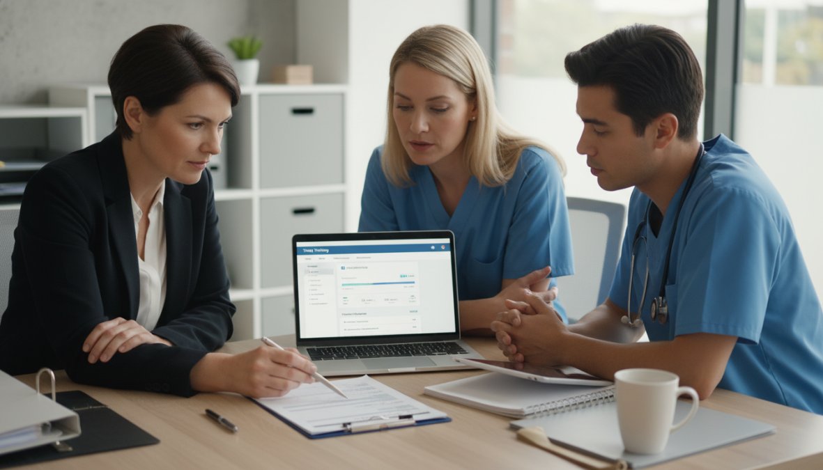 A healthcare practice manager and two clinical staff members reviewing a printed workflow checklist together at a desk, with a laptop open showing a training module dashboard, in a clean modern clinic office with natural light from a window