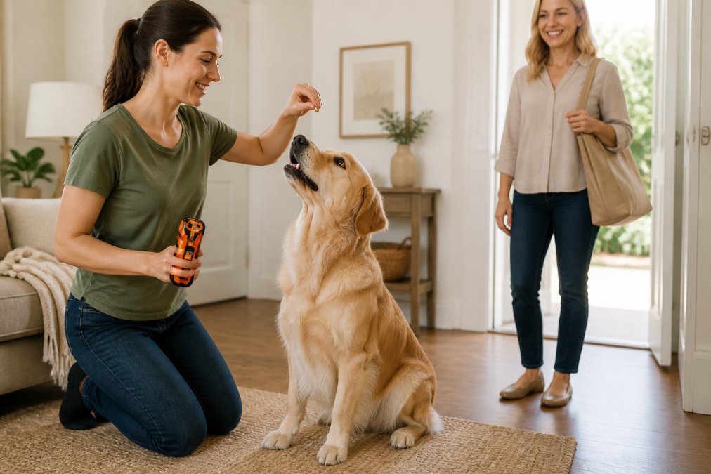 Dog owner in casual home setting training their dog with a treat reward while a guest stands nearby, demonstrating positive reinforcement during a greeting scenario with natural window lighting