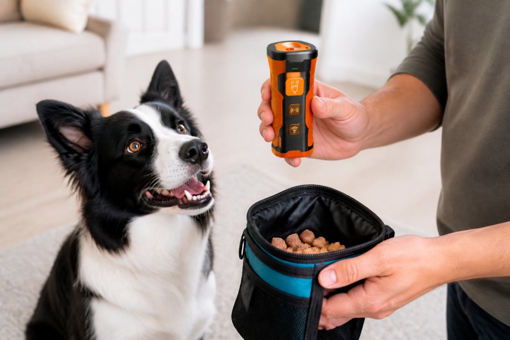 Close-up of dog owner's hands holding a clicker training device and high-value treat pouch, with a focused dog looking up attentively in a bright home setting