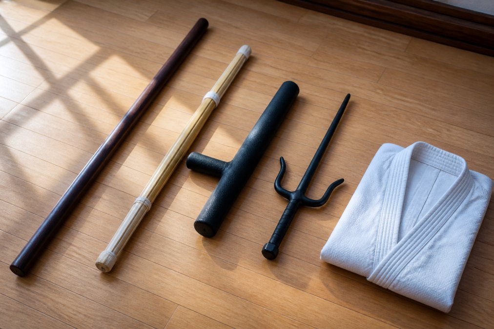 A flat lay arrangement of martial arts training weapons on a wooden dojo floor, including a dark bo staff, bamboo shinai, black foam tonfa, and rubber sai, with a folded white gi nearby and soft natural window light casting shadows
