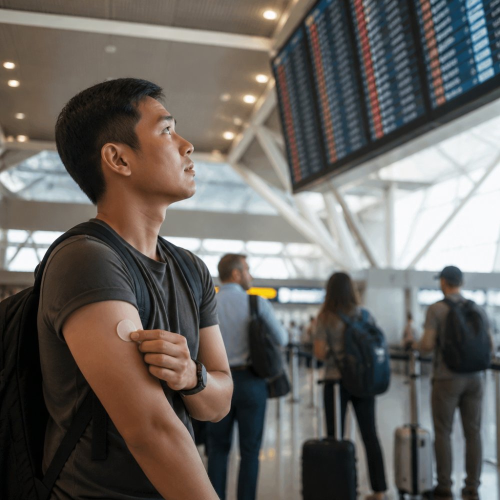 A traveler in an airport terminal adjusting a small patch on their upper arm while glancing up at a departure board listing international flight times, soft overhead lighting