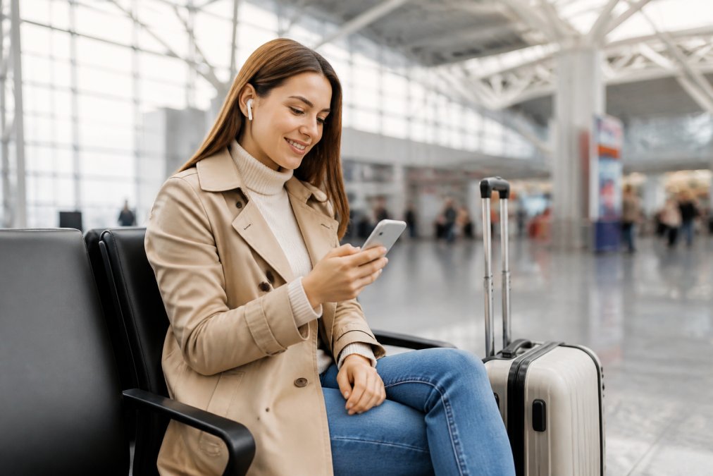 A traveler in a bright airport terminal wearing wireless earbuds while looking at a phone screen, carry-on luggage beside them