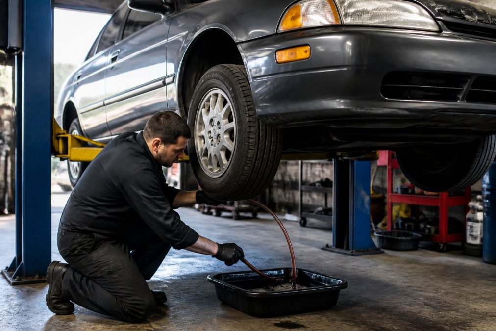 A mechanic in dark work clothes kneeling beside an older sedan on a lift, holding a fluid pump hose into an open transmission pan, shop lights reflecting off the fluid