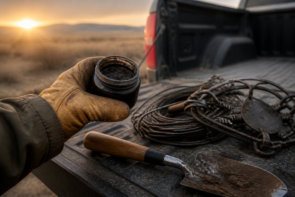 A trapper's gloved hand holding a small glass jar of dark, thick lure next to a coil of traps and a digging trowel on a tailgate at dawn