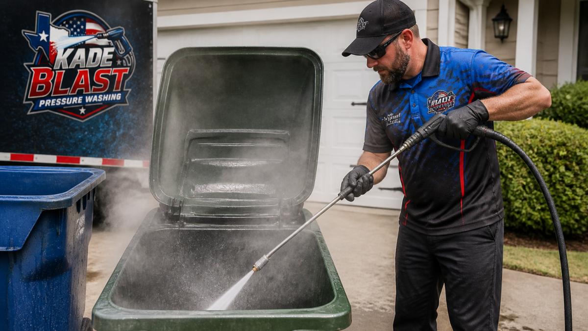 Close-up of a professional cleaning technician using a high-pressure hot-water wand to clean the inside of a residential trash bin, with steam rising and clean water spraying, set in a suburban driveway